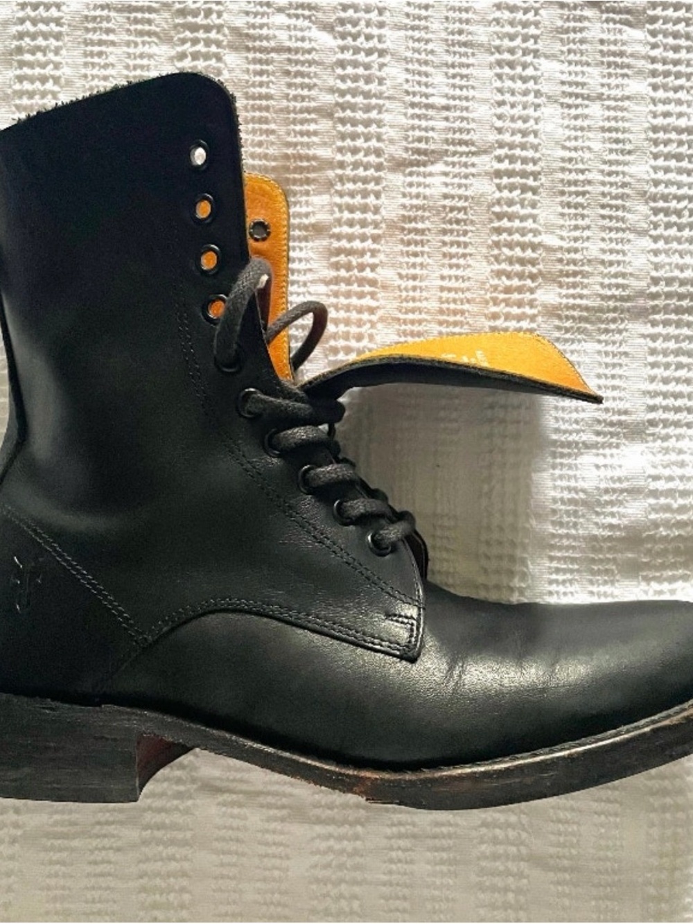 FRYE Men's Black Leather Lace-Up Boot with tan interior